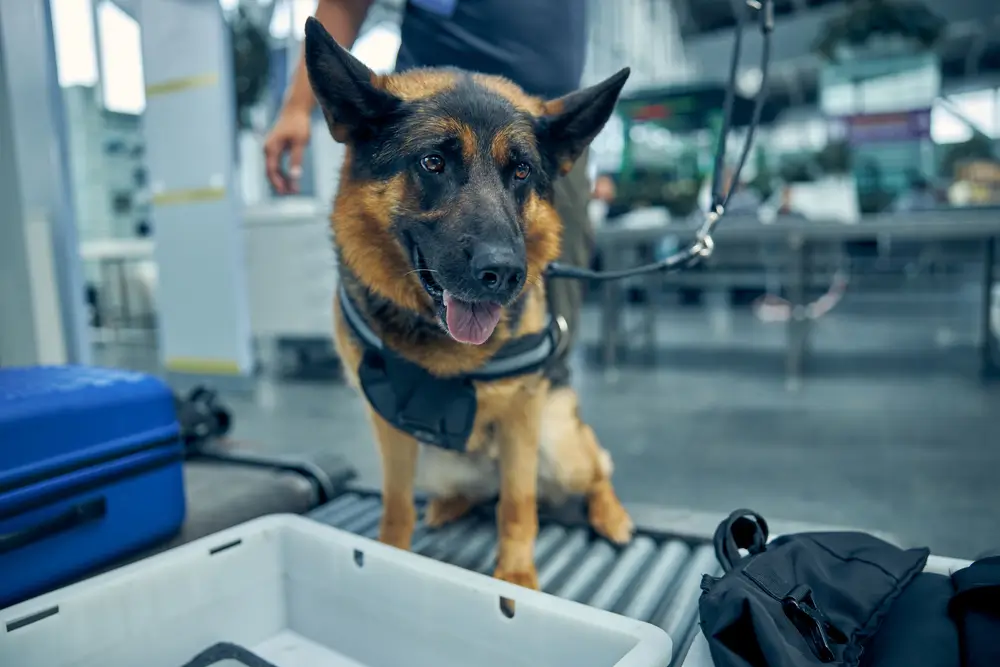 Maître-chien de la douane et son chien renifleur inspectant les bagages sur un tapis roulant à l'aéroport.