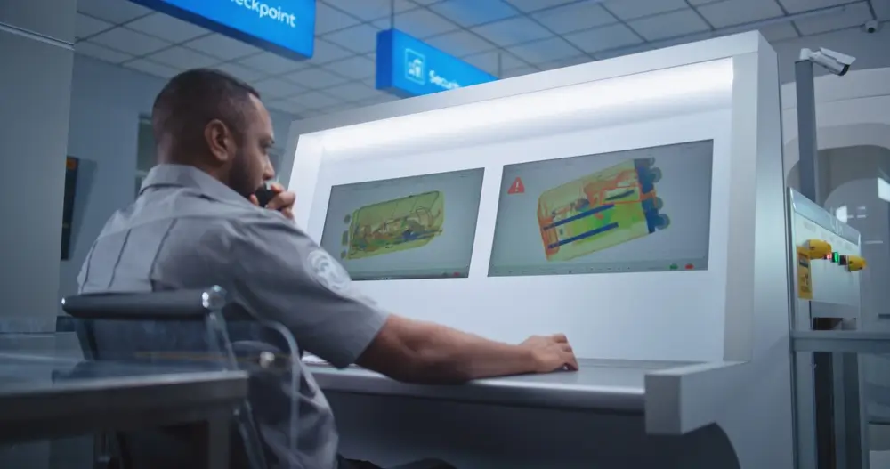 Agent de douane à l'aéroport effectuant le contrôle de bagages via des écrans de scanner à rayons X.