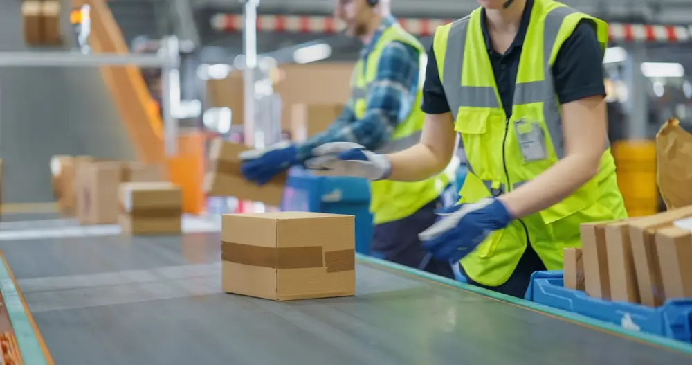 Agents logistiques triant des colis sur un tapis roulant dans un entrepôt et centre de tri de fret e-commerce.
