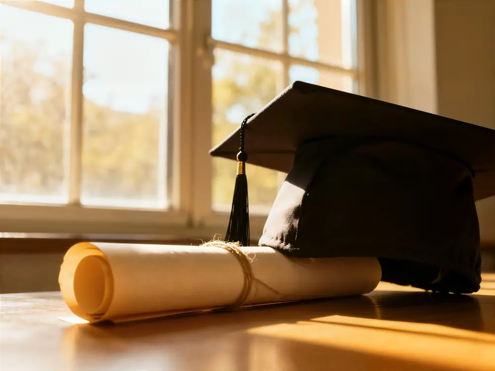 Diplôme roulé et toque de graduation sur un bureau, symbolisant les titres académiques requis pour les niveaux de fonction.