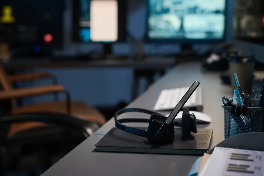 Casque avec micro et matériel de bureau sur un espace de travail pour un test d'entraînement en ligne.