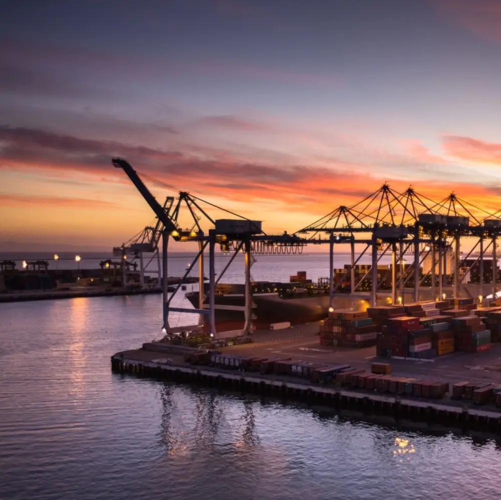 Grues et conteneurs cargo dans un port maritime au coucher du soleil, lieu d'activité des douaniers belges.